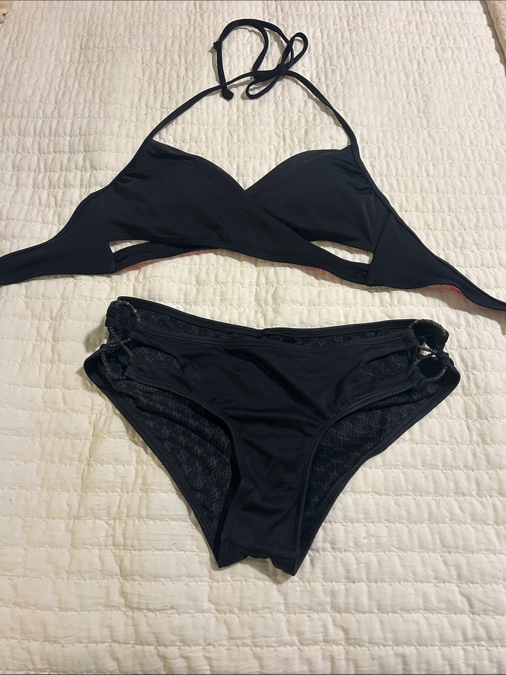 Victoria's Secret Pink Black Halter Bikini with Side Ring Accents